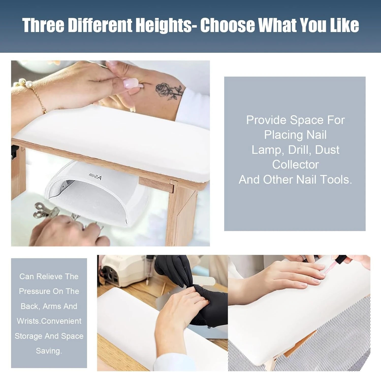 Foldable Manicure Hand Rest with 3 Adjustable Heights Microfiber Leather Nail Armrest Cushion with Soft High-Density Sponge product thumbnail 4
