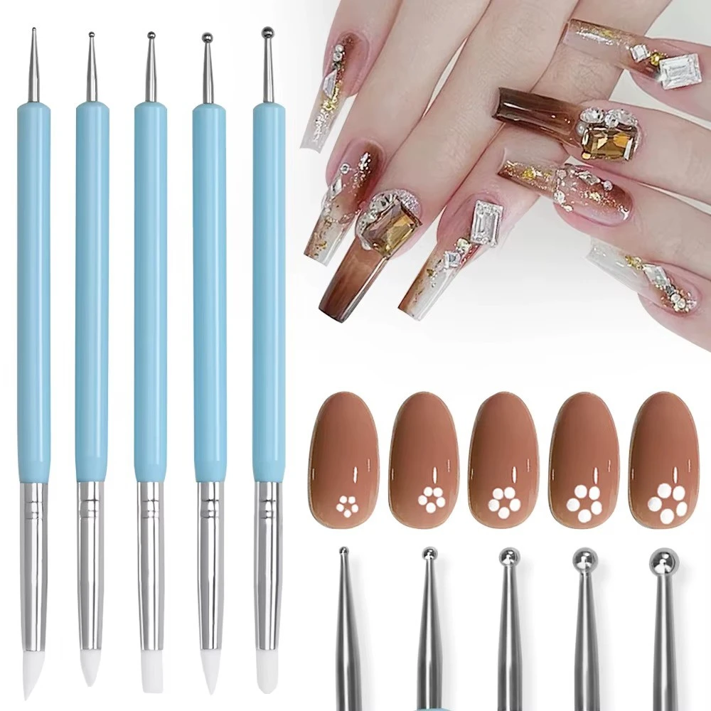 5Pcs Professional Nail Art Silicone Brush Set 15X1cm ual-Head Carving Painting Embossing Pen DIY Round Bots Manicure Tool Pen product thumbnail 3