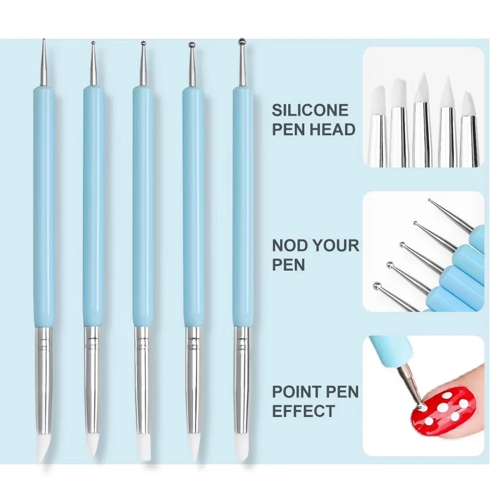 5Pcs Professional Nail Art Silicone Brush Set 15X1cm ual-Head Carving Painting Embossing Pen DIY Round Bots Manicure Tool Pen product thumbnail 5
