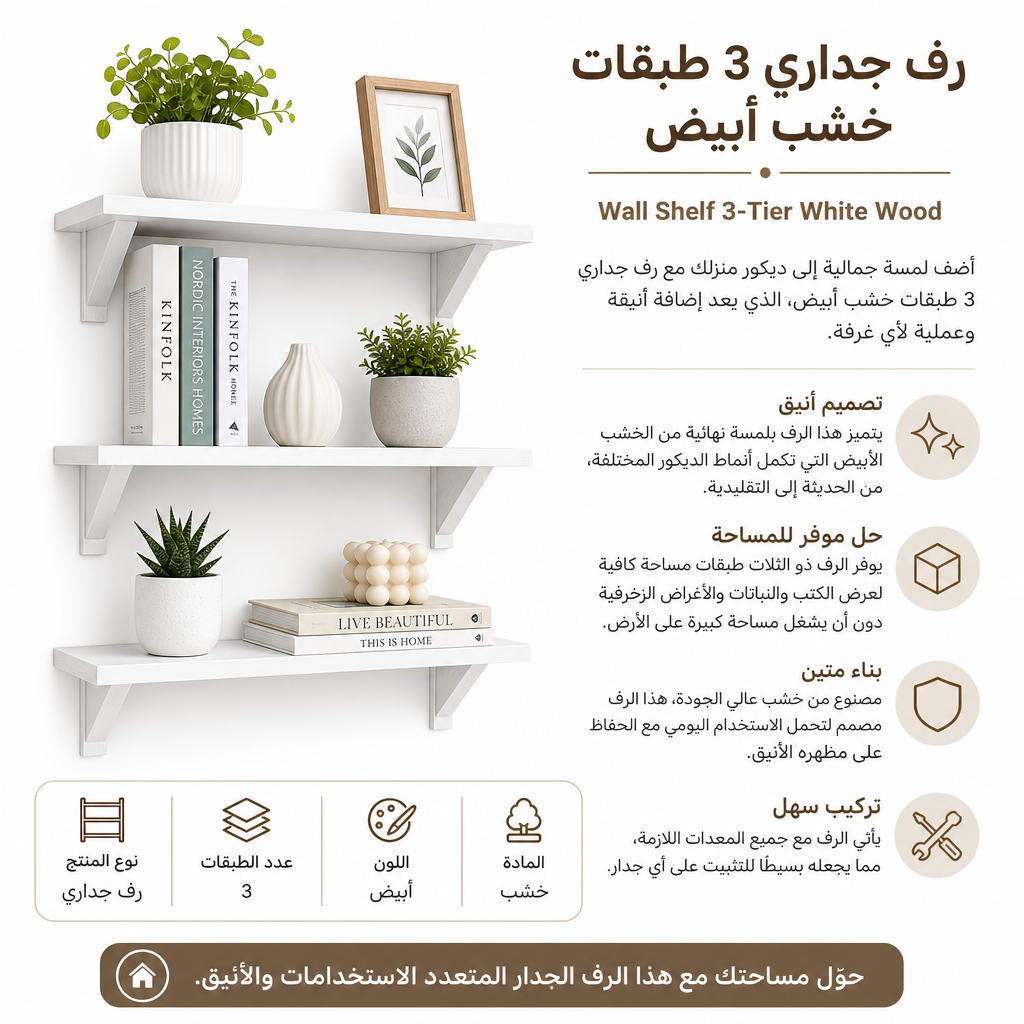 Wall Shelf 3-Tier White Wood